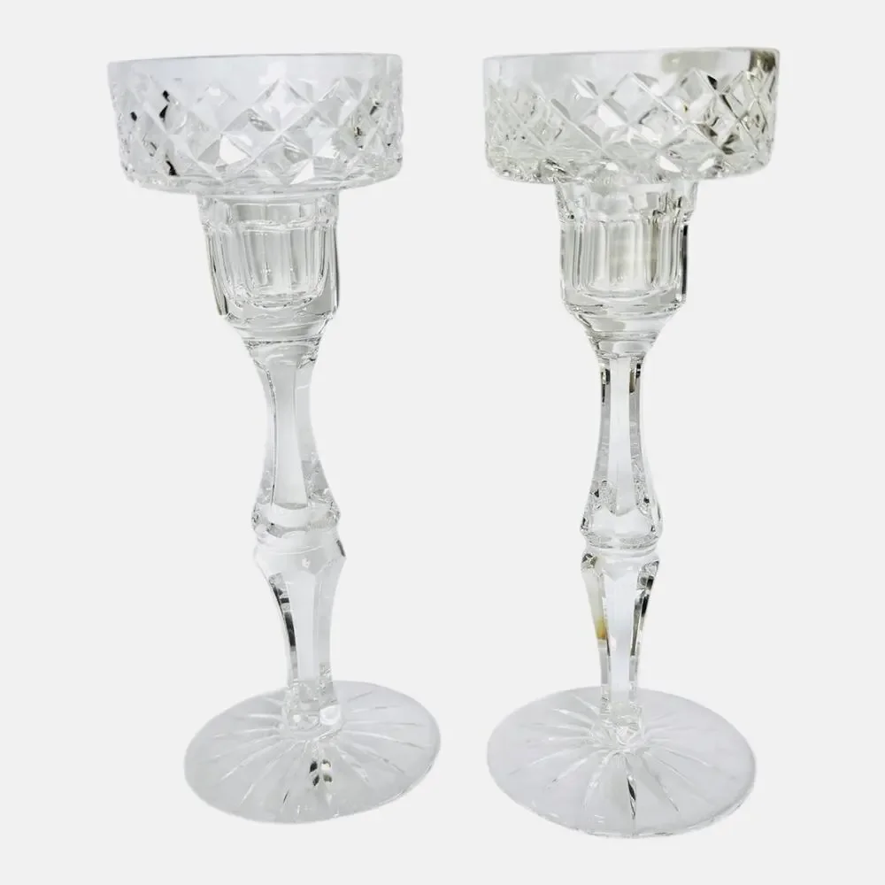 FINTONA By TYRONE CRYSTAL 2 Diamond Cut Candle Holders Ireland Retired 7 3/4 “